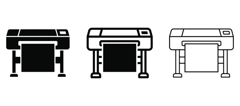 Large format printer icon set plotter, wide format printing machine, engineering graphics printing vector icons