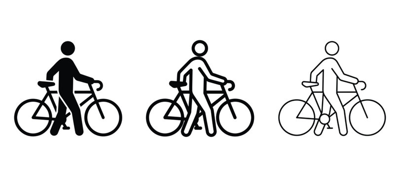 Set of icons of a person walking with a bicycle