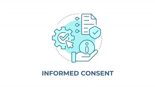 Informed consent blue concept icon animation. Legal healthcare transparency frameworks. Patient centered medical rights. Cyan circular animated abstract idea. HD video with alpha channel