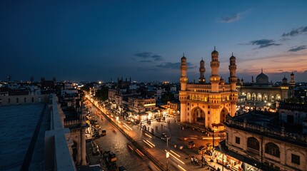 Fototapeta premium Scenic Evening View of Historical Monument and Bustling Street in Hyderabad
