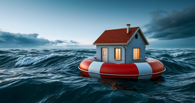 Small House on Lifebuoy in Stormy Ocean