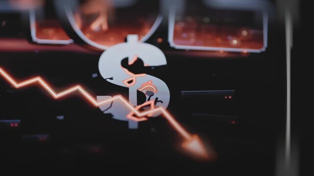 Fractured dollar symbol interrupts a falling market path