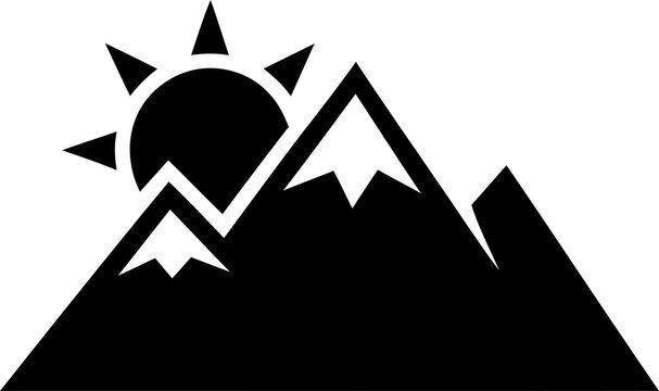 Black mountain icon with sun design isolated on transparent background