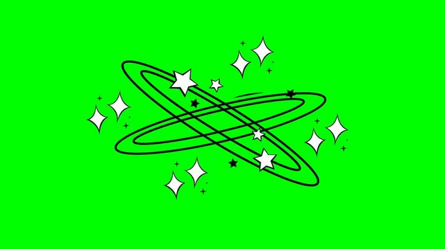 black white animation spinning stars, sparkle orbit ring green screen overlay., reaction cartoon.
