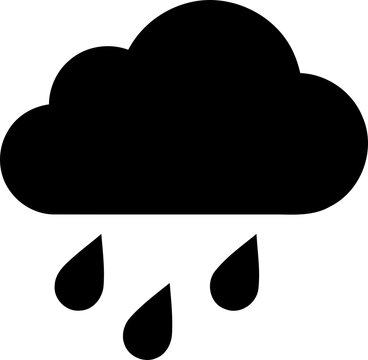 Black rainy cloud icon with falling raindrops isolated on transparent background
