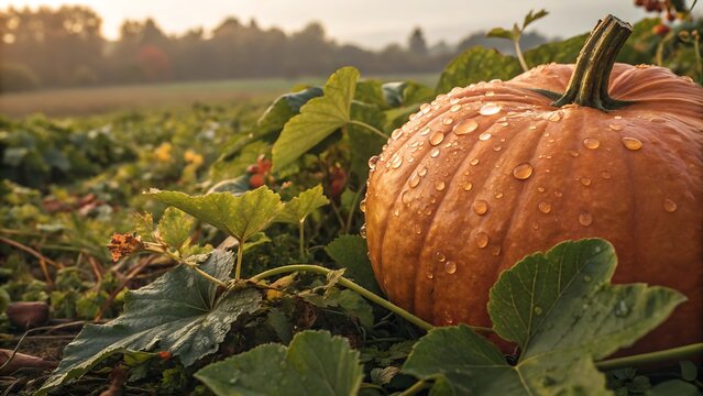 Detailed close-up of a large freshly harvested orange pumpkin resting among green leaves and autumn foliage, tiny water droplets on the surface, warm natural sunlight, soft blurred farm background, ri