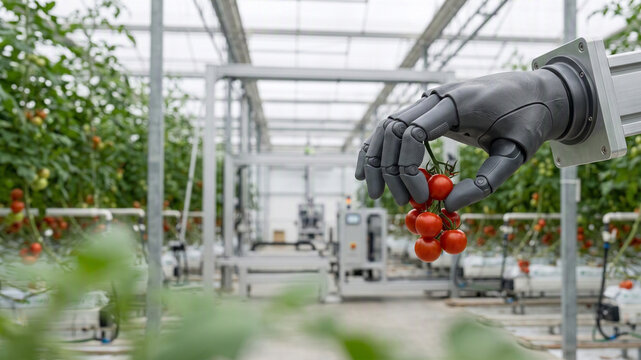 Smart greenhouse robotic gripper holding ripe vine tomatoes inside modern automated smart farming facility