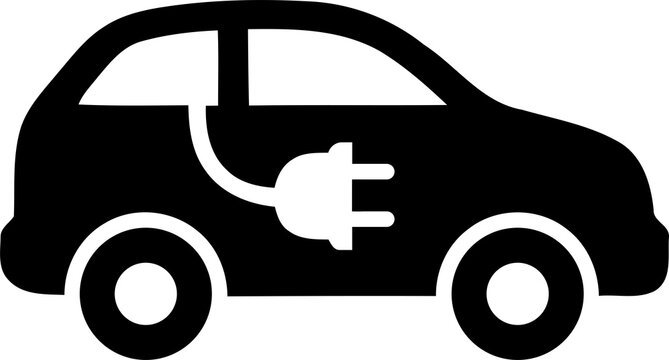 Black electric car icon with a charging plug symbol isolated on transparent background