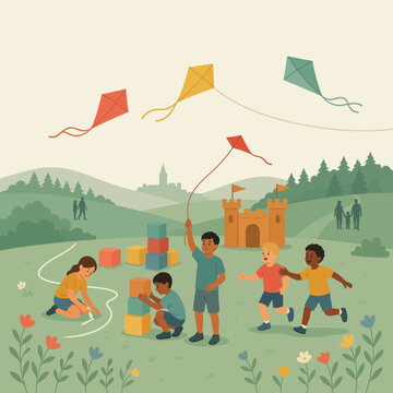Happy diverse children flying colorful kites and building toy blocks in green meadow park.
