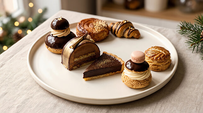 Assorted gourmet chocolate pastries and cakes on a round plate for the holidays