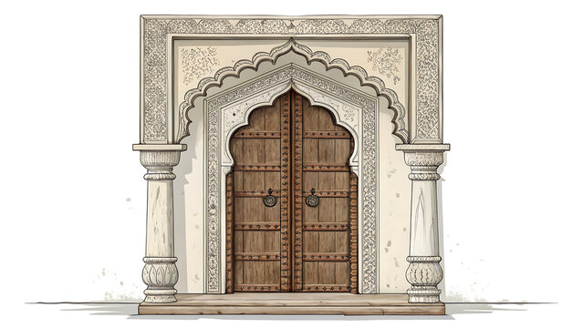 antique Indian palace entrance featuring a weathered carved wooden double door, ornamental pointed arch