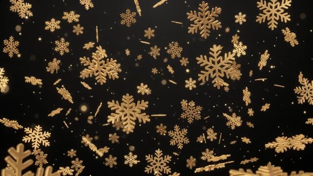 Golden snowflakes falling on a dark background winter holiday celebration elegant Christmas New Years Eve festive motion graphics