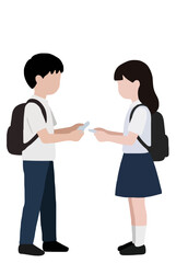 Obraz premium Vector icon illustration of two young school classmates, a boy and a girl wearing backpacks, standing face to face and exchanging names on the first day of school in a flat cartoon style