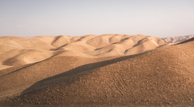 Hills are covered with old yellow grass at sunset. The rugged landscape of the rolling hills creates a shadow on the relief. Landscape of grassy hills at sunset