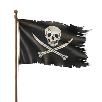 Black pirate flag with white skull and crossbones waving on a pole