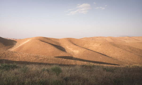 Hills are covered with old yellow grass at sunset. The rugged landscape of the rolling hills creates a shadow on the relief. Landscape of grassy hills at sunset