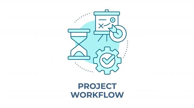 Project workflow blue concept icon animation. Structured team productivity framework. Effective task sequence strategy. Cyan circular animated abstract idea. HD video with alpha channel