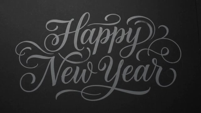 Happy New Year stylized, calligraphic lettering with elegant flourishes that spells out
