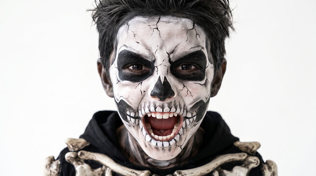 children dressed as witch, mummy, skeleton, vampire and zombie running toward the camera with playful scary expressions on a white background, Halloween costumes, trick or treat, monster party, theatr