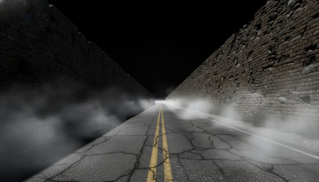 Dark Cracked Asphalt Road at Night with Fog and High Stone Walls, concept of uncertainty and the unknown journey