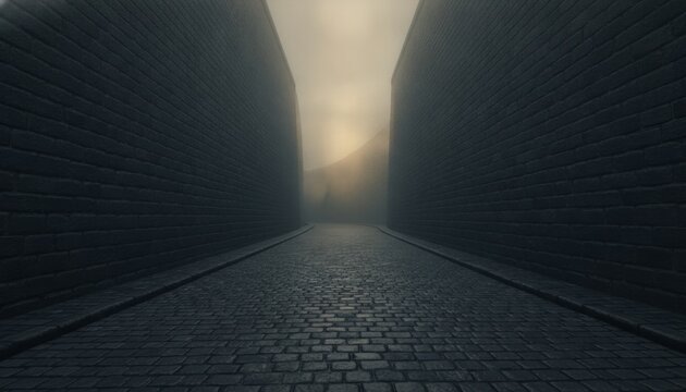 Narrow Cobblestone Alleyway Between High Stone Walls in Thick Fog at Sunrise, concept of uncertainty and the journey into the unknown