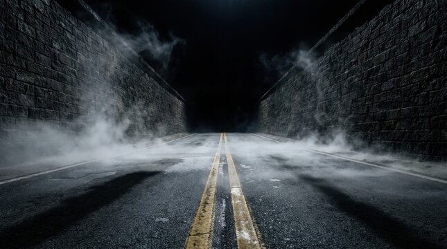 Empty Asphalt Road at Night with Fog and Stone Walls, concept of uncertainty and the unknown journey