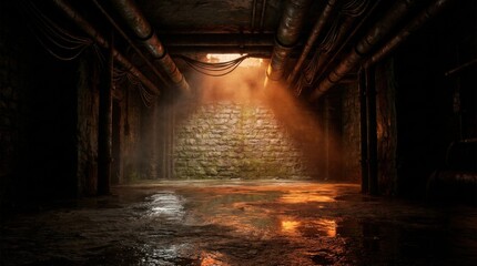 Obraz premium Dark Underground Tunnel with Light Rays Shining Through a Hole onto a Stone Wall, concept of hope in darkness and discovery