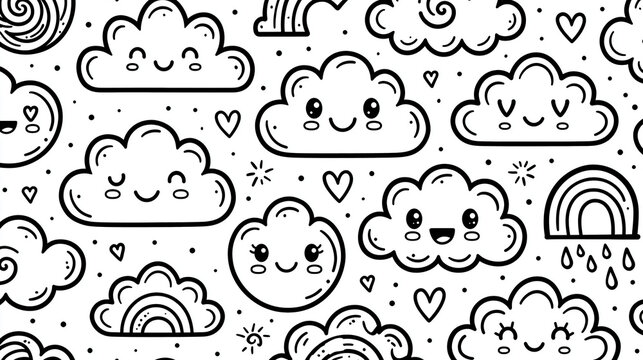Fun doodle pattern of cute clouds and rainbows on a white background.