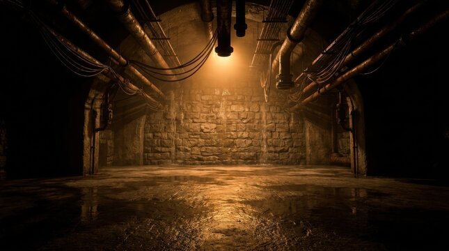 Dark underground bunker with stone walls and industrial pipes illuminated by a single warm light, concept of isolation and mystery