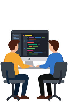 Pair programming vector icon showing two developers collaborating at a desktop computer while reviewing colorful code on a shared screen