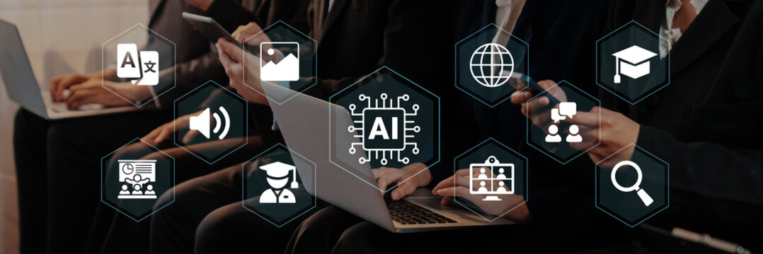 Individuals actively using technology in education, showcasing AI and digital tools for learning and collaboration with diverse icons representing various aspects of modern education. Ledger