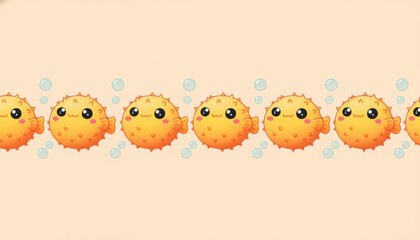 Fototapeta premium Seamless pattern of cute cartoon pufferfish with bubbles on a beige background, concept of playful marine life and repetition
