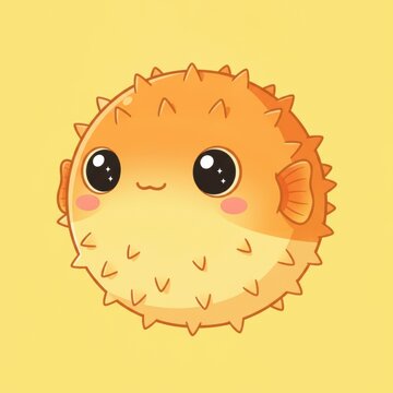 Cute cartoon puffer fish illustration with spikes on yellow background, concept of cuteness and friendly nature