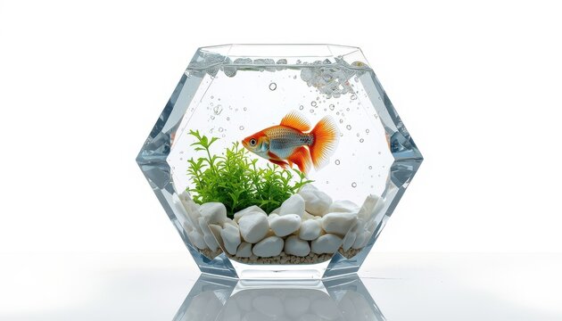 Hexagonal glass fish bowl with colorful goldfish green plant and white gravel