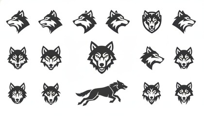 Fototapeta premium Wolf Logo and Icon Set, Black and White Vector Illustrations of Wolf Heads and Running Silhouette, concept of strength, leadership, and wild identity
