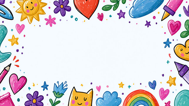 Colorful doodle border with playful characters and shapes perfect for children.