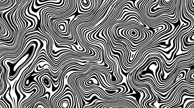 Abstract Black and White Wavy Line Pattern, Seamless Topographic Map Style Background, concept of flow and visual distortion