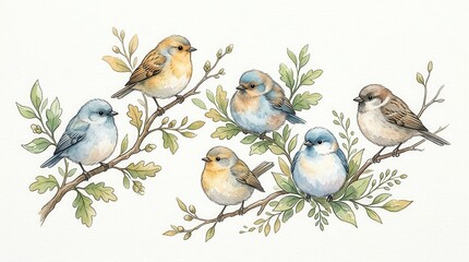 Fototapeta premium Watercolor Illustration of Cute Small Birds Perched on Oak Branches with Green Leaves on White Background