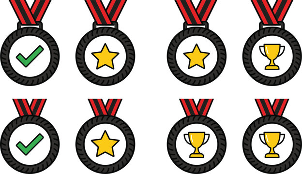 Award medal badge icon collection with red ribbon star trophy cup and checkmark symbols for gamification victory tracking