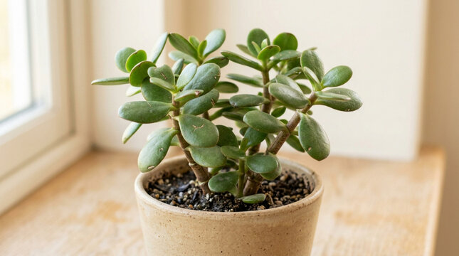 Crassula ovata, jade plant in pot on windowsill, succulent houseplant