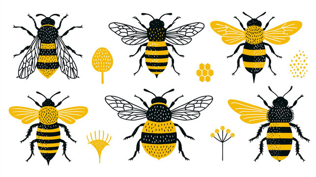 Stylized illustrations of bees showcasing unique designs and patterns.