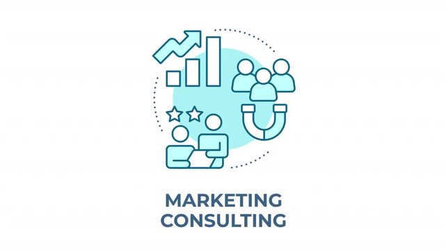 Marketing consulting blue concept icon animation. Strategic brand growth solutions. Data driven audience acquisition. Cyan circular animated abstract idea. HD video with alpha channel