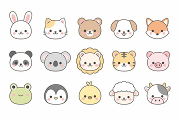 Obraz premium Cute animal faces set with cartoon rabbit cat bear panda koala frog and penguin