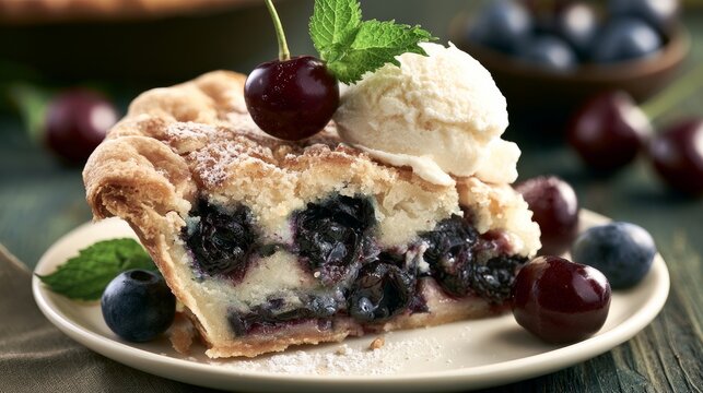 Slice of delicious cherry pie served on white plate