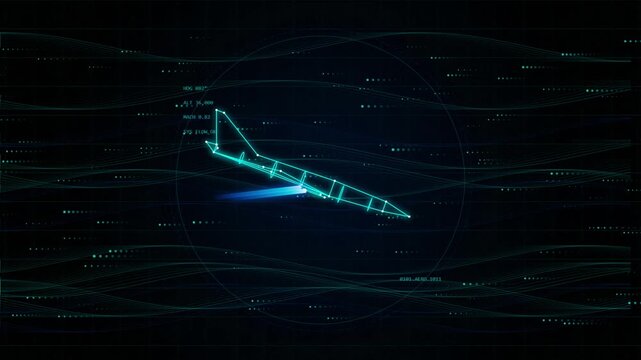 Digital wireframe of a supersonic aircraft flying through a data stream in a futuristic technological interface 4k video