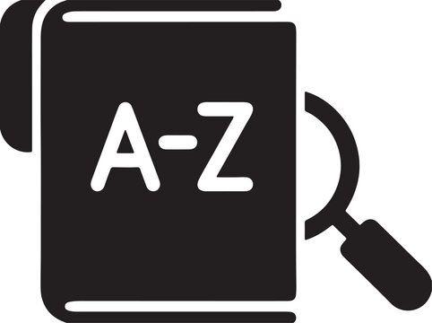 Minimalist dictionary icon with magnifying glass, black book vector with A-Z text, glossary and encyclopedia symbol for education