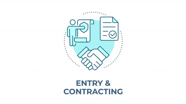 Entry and contracting blue concept icon animation. Agile stakeholder relationship management. B2B contract synergy. Cyan circular animated abstract idea. HD video with alpha channel