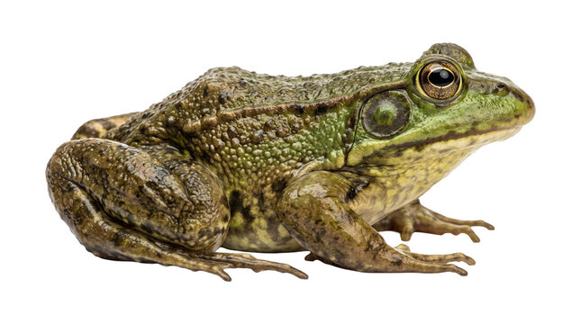 Mature bullfrog with textured green and brown skin sitting isolated on transparent background png image.
