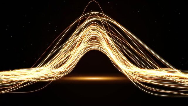 Abstract golden light trails forming a mountain peak shape on black background 4k video