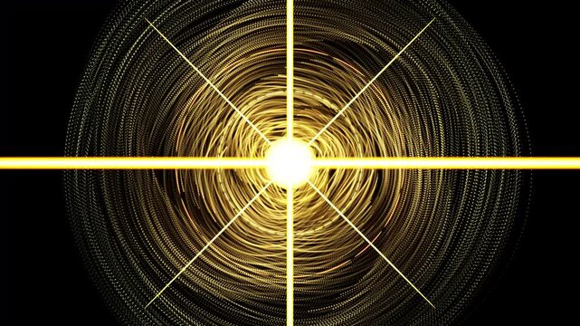 Abstract golden light explosion with circular particles and cross beams on black background 4k video